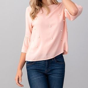 Blush Pink Pearl Detail Bell Sleeve Shirt SZ S-L